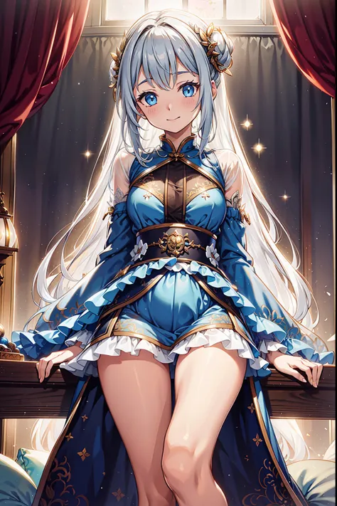 solo person，the night，inside in room，An expectant expression，adolable，Loli Girl，See-through Pajamas，see-through sleeves，Enchanted，Petal edges，Light colors，downy，Divine decoration，Sacred motifs，Lace，Ruffles，extremely detailed CG  8k wallpaper，best qualtiy，t...