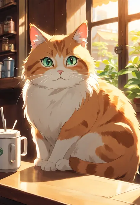 A cute cat with round eyes, At the coffee shop , Sunlight outside the window.