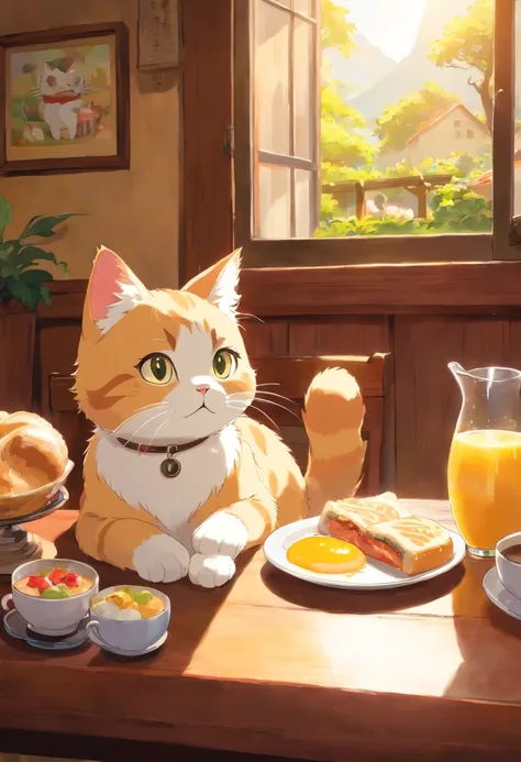 A cute cat with round eyes, At the breakfast place , Sunlight outside the window.