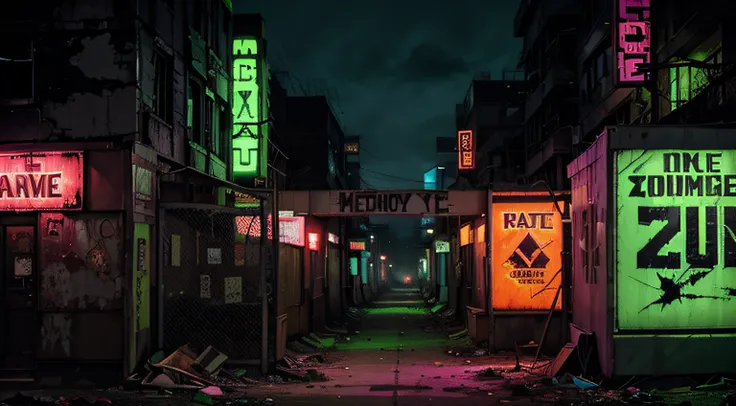 Neon Zombie Apocalypse: Infuse a neon color palette into a post-apocalyptic zombie scene, incorporating vibrant hues, flickering signs, and decaying buildings to create a futuristic yet eerie ambiance.