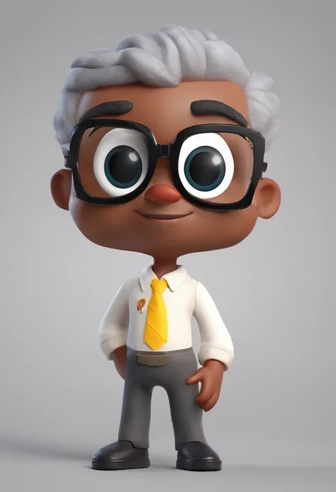 Make a 3D Disney Pixar character of a dark-skinned boy with glasses and white hair.