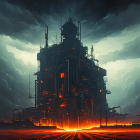 an industrial plant in a perfect storm, striking colorful composition, disturbance into the matrix, high contrast, a hallucinating visual illusion, SILHOUETTES DANCING, old masters fine art look, Zdzislaw Beksinski collaboration with reinterpreted by Remed...