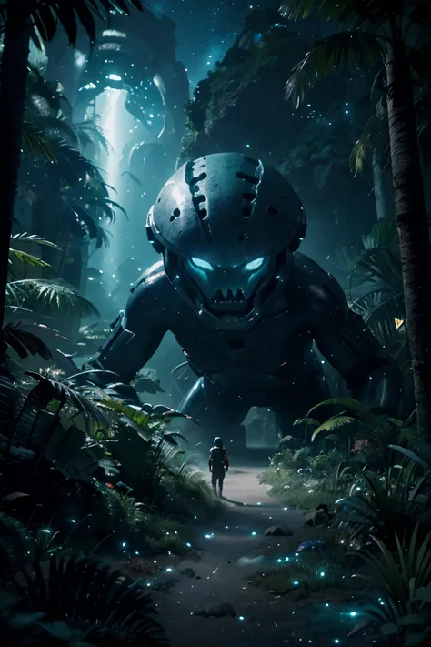 "Intergalactic Explorers Encounter: Show the explorer on the alien planet, coming face to face with a towering, bioluminescent creature from the depths of the lush jungle. The scene should capture the explorers sense of awe and curiosity as they make this ...