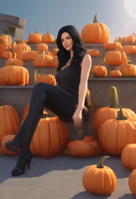 Pretty Woman, Long black hair, sitting on a wall, Halloween theme, Pumpkin around her, Little smile, HD, Ultra HD, Warm lightning, Masterpiece, Crop T-Shirt