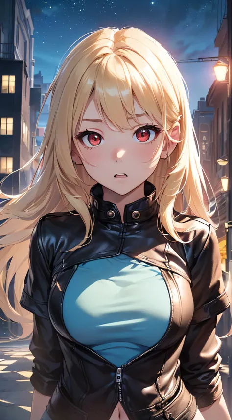 top-quality、Top image quality、​masterpiece、girl with((cute little、18year old、Best Bust、Medium bust、Bust 85,Red eyes to issue、Breasts wide open,Valley、Blonde long hair、A slender、Black Navel T-Shirt、Black leather jacket、White pants、astonished face、）hiquality...