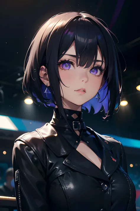 masutepiece, Best Quality, a 20 yo woman, ((Cool Face)),Shadow,Bery short hair,Live Music Club,Purple eyes,blac hair,Lapis Lazuli Gemstone Choker,((Sharp eyes)),tight outfit,Mixed background with black, blue and green,drum,The artists,audience,highly contr...