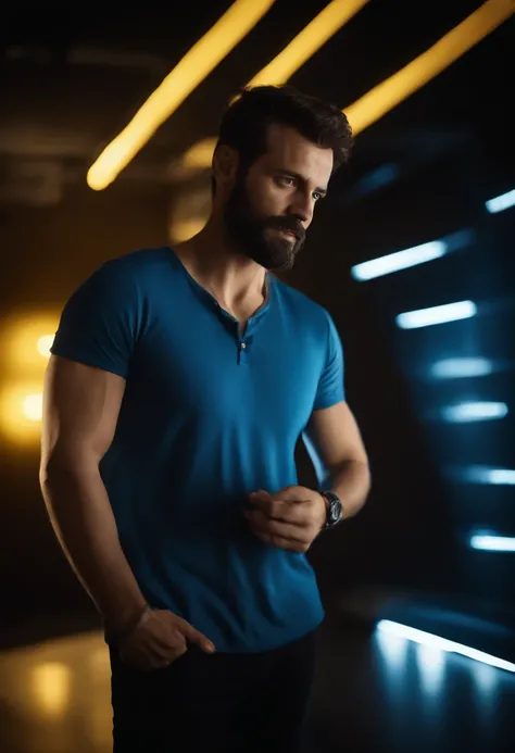 Portrait of a man, wearing a blue shirt, black room, with yellow lights, small beard, ultra realistic, fine quality