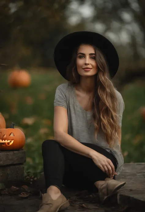 Pretty Woman, Long black hair, sitting on a wall, Halloween theme, Pumpkin around her, Little smile, HD, Ultra HD, Warm lightning, Masterpiece, Crop T-Shirt