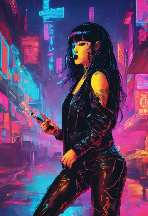 gorgeous female korean black metal singer with long dark hair with sidecut tied up, with Black tight overcoat and tight shorts, full of tattoos, performing on a concert, dark, brush painting pulp fiction style, best quality, masterpiece