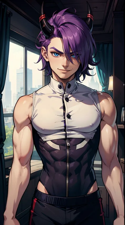 1boy, cream colored hair, vibrant sharp blue eyes, Purple hair, has a horn on one side of his forehead. Smiling at the sight of a vampire There was a black piece of cloth torn over one eye. Sleeveless shirt, close-fitting, tight-fitting shirt with muscles.