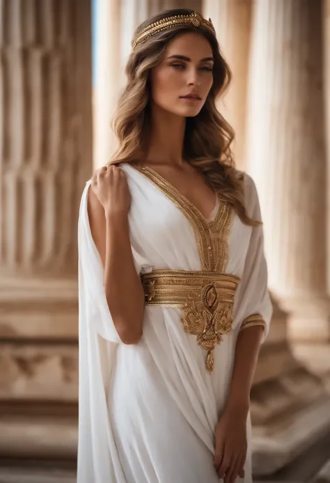 /imagine prompt: deusa grega, Bonito, sensual, feminina,  cabelo loiro liso e comprido, pele reluzente, white Greek tunic, scenecy: a field of ears of wheat around a beautiful marble Greek temple