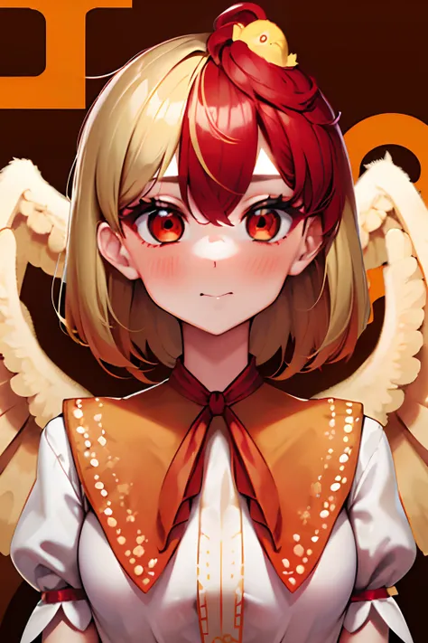 KUTAKA NIWATARI, RED EYES, LIGHT YELLOW HAIR, RED HAIR EXTENSION, SHORT HAIR, LIGHT YELLOW WINGS, LIGHT YELLOW FEATHERY TAIL, ORANGE DRESS, WHITE JACKET, ORANGE PURITAN COLLAR, RED RIBBON, BROWN BOOTS, large breasts, upper body, 5 fingers, detailed face, d...