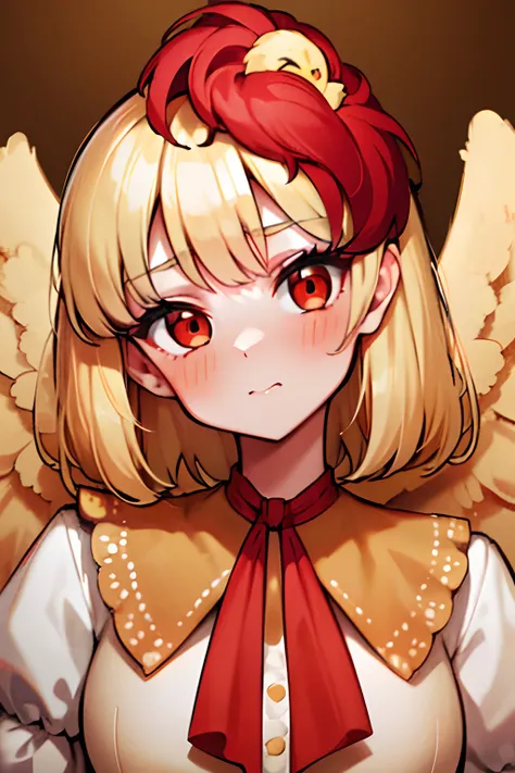 KUTAKA NIWATARI, RED EYES, LIGHT YELLOW HAIR, RED HAIR EXTENSION, SHORT HAIR, LIGHT YELLOW WINGS, LIGHT YELLOW FEATHERY TAIL, ORANGE DRESS, WHITE JACKET, ORANGE PURITAN COLLAR, RED RIBBON, BROWN BOOTS, large breasts, upper body, 5 fingers, detailed face, d...