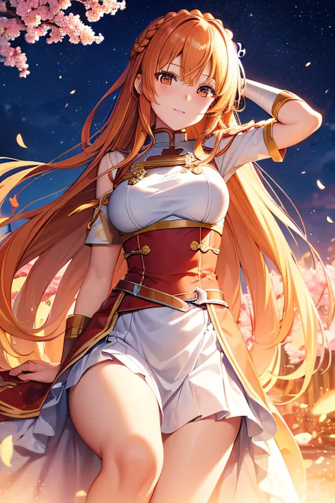 Asuna, ((masutepiece)), hight resolution, Asuna (stele), Crown braid, light orange hair, armor, cherryblossom, Dutch Angle