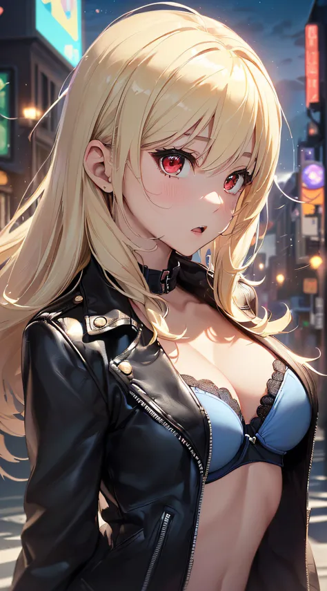 top-quality、Top image quality、​masterpiece、girl with((cute little、18year old、Best Bust、Medium bust、Bust 85,Red eyes to issue、Breasts wide open,Valley、Blonde long hair、A slender、Black leather bra、Black leather jacket、White pants、astonished face、）hiquality、B...