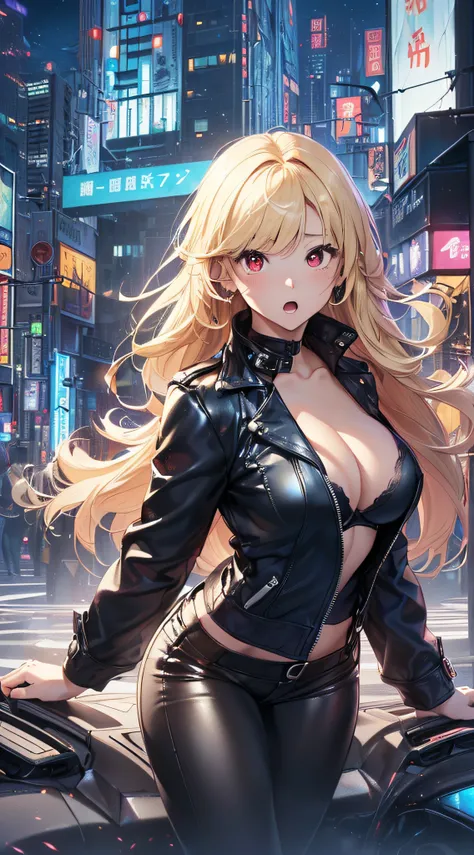 top-quality、Top image quality、​masterpiece、girl with((cute little、18year old、Best Bust、Medium bust、Bust 85,Red eyes to issue、Breasts wide open,Valley、Blonde long hair、A slender、Black leather bra、Black leather jacket、White pants、astonished face、）hiquality、B...