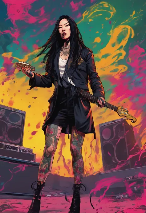 gorgeous female korean black metal singer with long dark hair with sidecut tied up, with Black tight overcoat and shorts, full of tattoos, performing on a concert playing a white eletric guitar, dark, brush painting pulp fiction style, best quality, master...