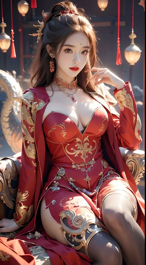 A woman in a red coat sitting on a chair with a dragon, popular on ArtStation Pixiv, detailed anime artwork, detailed digital anime art, complex gorgeous anime CGI style, guvez on pixiv art station, guvez on pixiv, anime fantasy illustration, detailed anim...