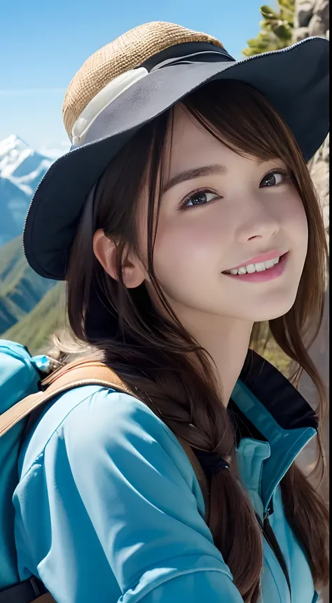 (A hyper-realistic), (hight resolution), (8K), (ighly detailed),  (beatiful detailed eyes), (top-quality), (ultra-detailliert), (​masterpiece), (A detailed face), softfocus、face of emma watson、Colossal tits、japanes、mountaineering、Superb view、hiking、rucksac...