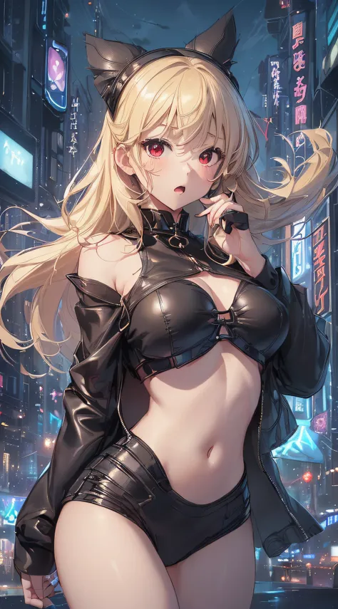 top-quality、Top image quality、​masterpiece、girl with((cute little、18year old、Best Bust、Medium bust、Bust 85,Red eyes to issue、Breasts wide open,Valley、Blonde long hair、A slender、Black leather bra、Black leather jacket、White pants、astonished face、）hiquality、B...