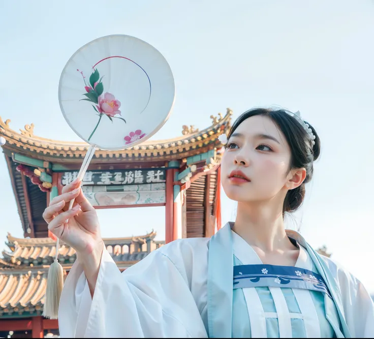 Araki woman in a white dress holds a fan and a white hat, Palace ， A girl in Hanfu, Wearing ancient Chinese clothes, White Hanfu, Hanfu, Traditional Chinese clothing, with acient chinese clothes, Chinese traditional, Chinese costume, inspired by Qian Du, P...