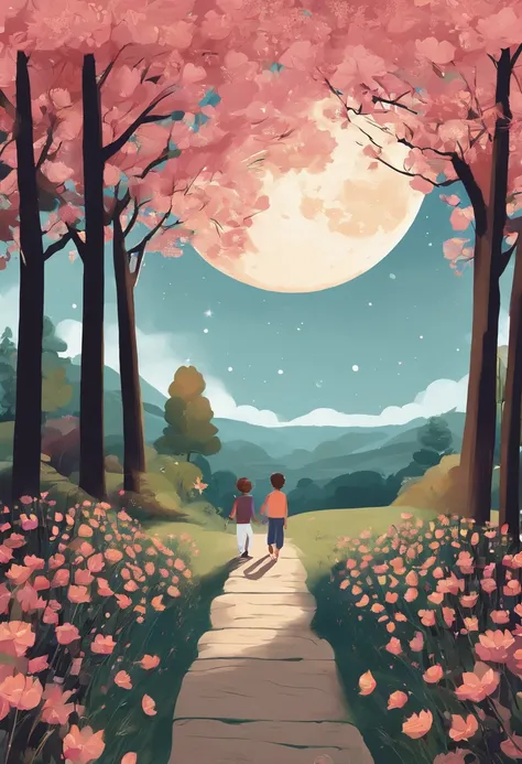 Full moon and stars in sky illustration，Father and young son holding hands，Walk on the path full of flowers，exteriors，House scene just around the corner，Minority elements，Heartwarming scene，perfect  detail