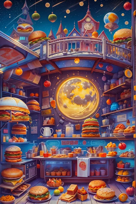 (tmasterpiece),（ultra - detailed：1.3），best qualtiy，（glittery:1.2），（dreamworld:1.4），(Van Gogh-style hamburger: 1.5),（The moon is empty），Delicious super burger，Tomates, lettuce, ketchup, Cheese splashes, Hamburg style, and other decorations, Fantasy world, C...