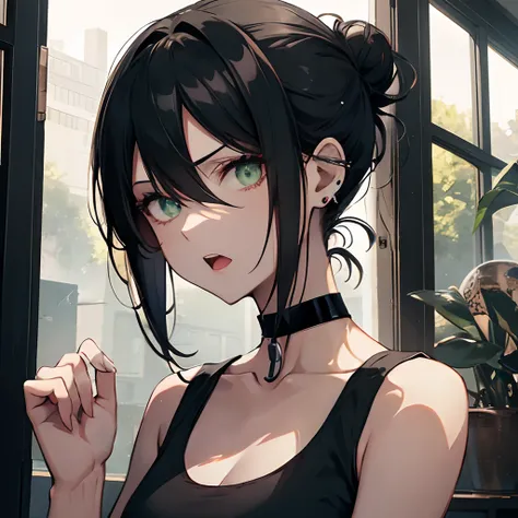 chainsaw man, reze, 1girl, bare shoulders, black choker, black hair, choker, earrings, green eyes, grenade pin, hair between eyes, hair bun, jewelry, looking at viewer, open mouth, shirt, single hair bun, sleeveless, sleeveless shirt, solo, strap slip, bla...