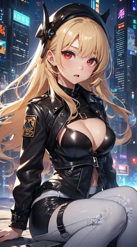 top-quality、Top image quality、​masterpiece、girl with((cute little、18year old、Best Bust、Medium bust、Bust 85,Red eyes to issue、Breasts wide open,Valley、Blonde long hair、A slender、Black leather bra、Black leather jacket、White pants、astonished face、）hiquality、B...