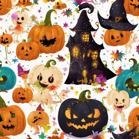 Pumpkin little monsters，Wearing a black magician cloak，Cute little skeletons，plethora of colors，colorful，Highest image quality，Cinematic texture，A masterpiece，tmasterpiece，Fireworks in the background