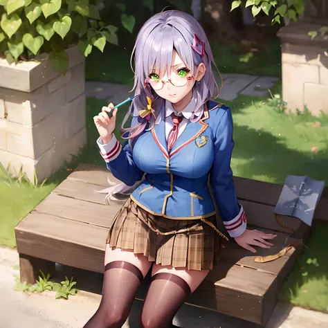 yuki izumi, glasses, green eyes, hair ornament, long hair, pleated skirt, purple hair, school uniform, thighhighs,