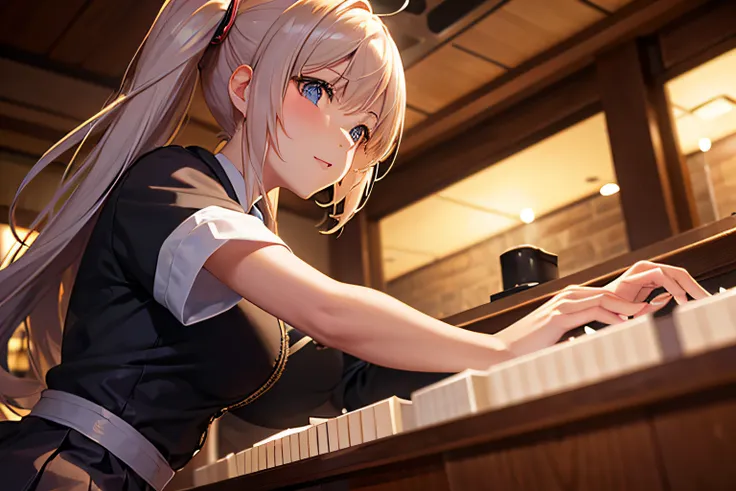 anime girl playing the piano at a bar, light particles, masterpiece