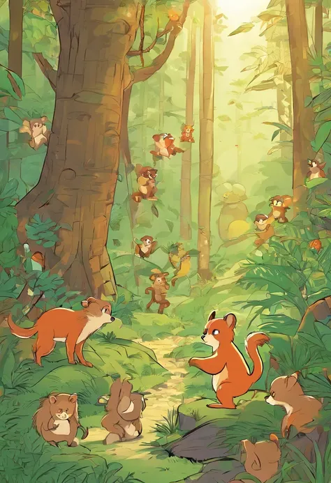 Play scene in the forest：The picture shows a lush forest，The tall trees and the light and shadow of the sunlight shining through the leaves have small squirrels、little bear、bunny、The little fox、baby cats，In the middle of the picture, a small monkey is perf...