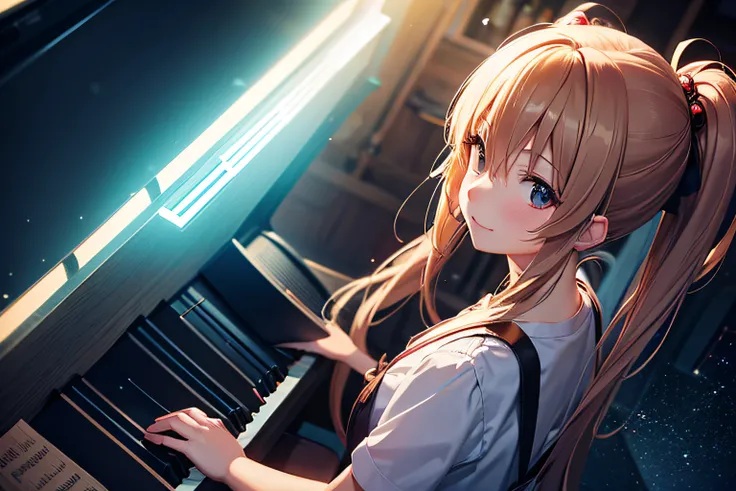 anime girl playing the piano at a bar, light particles, masterpiece