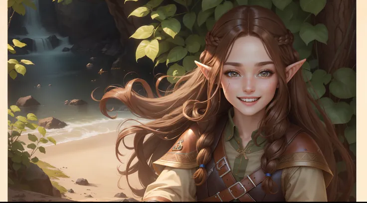 ((best quality))) (((HD))) (((8k))) (character) 20-year-old girl, ((adventurous)) elf, ((beautiful)) and ((happy)), ((brown hair)) and ((long hair)).