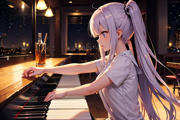 anime girl playing the piano at a bar, light particles, masterpiece