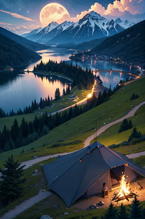 （camp、mont、Burning fire、starrysky、natta、fullmoon、lake）、two womens：2、Women Surrounding a Bonfire、Laughing、mont、1 tent、tarp