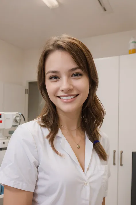 a single beautiful female veterinary technician, smiling with perfect straight white teeth