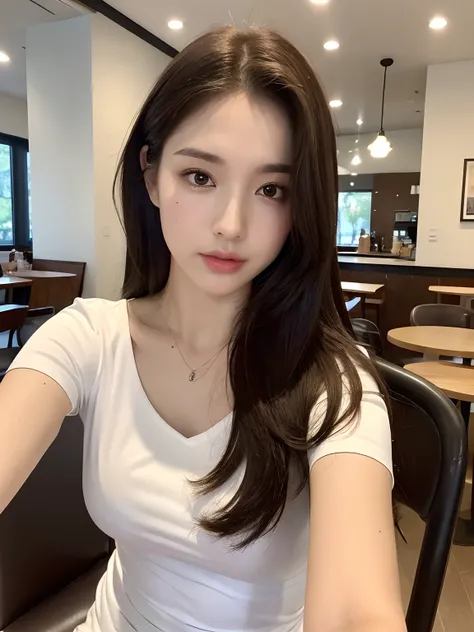 ((, Excellent, 8k, Masterpiece: 1.3)), 1 female, upper body, confident, (selfie: 1.5), white T-shirt, focal length: 1.2, slender abs: 1.1, (dark brown hair )), (sitting in chair: 1.2), ((café: 1.3)), highly detailed face and skin texture,