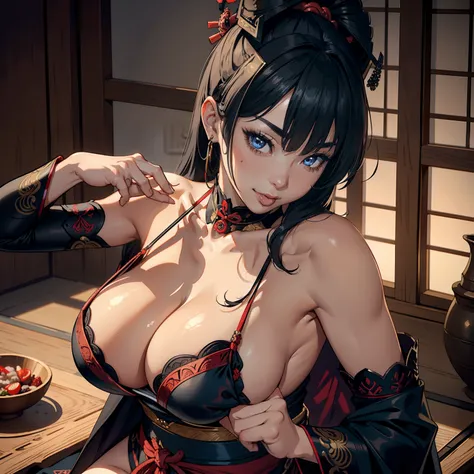 Beautiful samurai ,(((Do handjob sex gestures ))),hand_to_mouth,Stick out your tongue，pov crotch，(There is only sarashi on the chest)，trending on artstationh, Sharp focus,, Intricate details, Highly detailed,, intricate face details,Curvy physique, Thick b...