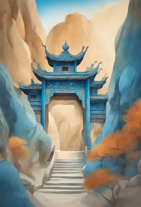 watercolour painting style，Dunhuang cave elements，Blue-toned background，Fairyland on earth