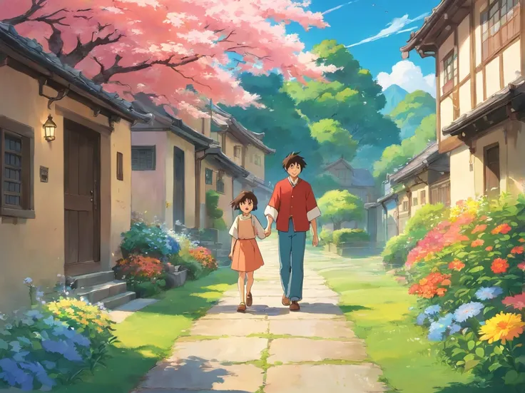 Stars in sky illustration，Father and young son holding hands，orthofacial，Walk on the path full of flowers，exteriors，There are houses just around the corner，Minority elements，Heartwarming scene，perfect  detail