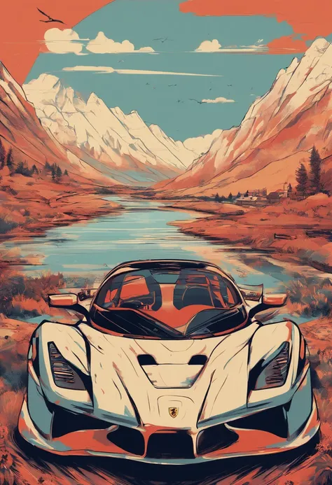 T-shirt design, Genshin Impact Graphics, vector, Ferrari Enzo with scenic scenery in the background, detailed illustration, and retro style