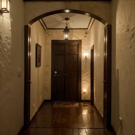 Entrada de um quarto em um corredor , casa vitoriana, entrada de um quarto, porta fechada, parede com cor escura, muitos Quadros na parede, lots of lighting, noite, suspense, mystery, scenecy, anime scenery , sem humanos, noite,