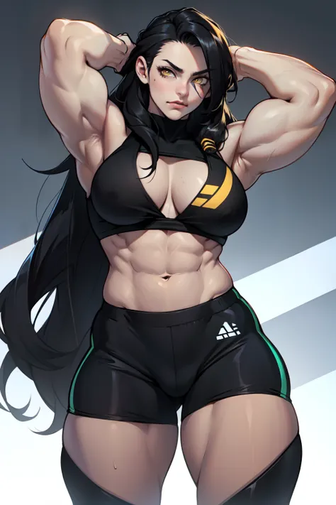 ((1girl bodybuilder)) pale skin black hair very long hair yellow eyes large breasts long abs sad