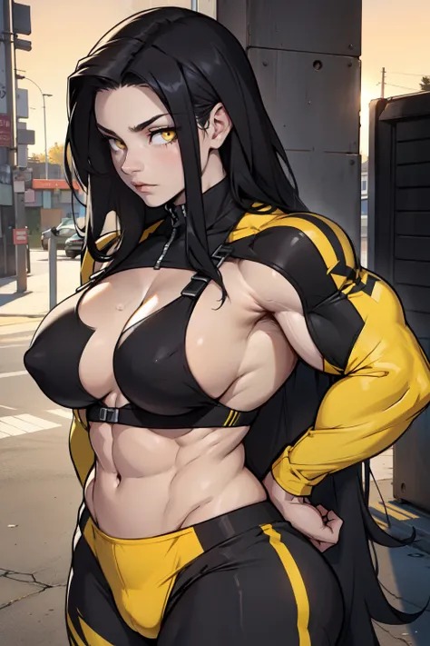 ((1girl bodybuilder)) pale skin black hair very long hair yellow eyes large breasts long abs sad