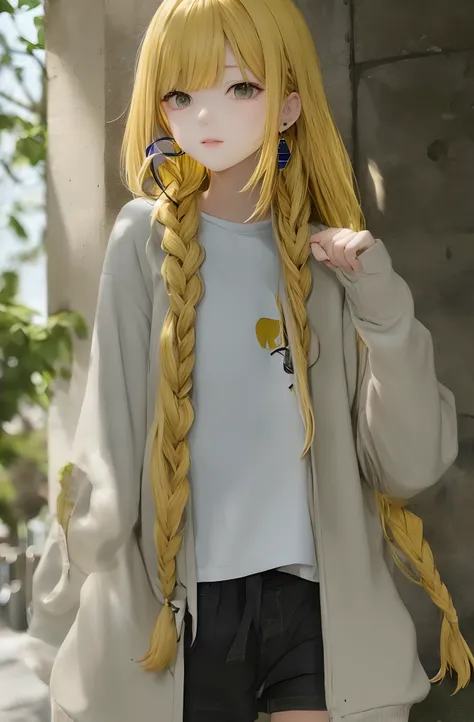 Yellow-haired teenager，long braid，Twist braids，One-sided earrings