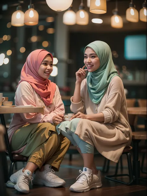 3 Malay girl with hijab seating in hipster cafe, happy, chatting, laughing, smiling, nighttime, wearing pastel color baju kurung and sneakers, soft professional lighting, blur background, cool ambient, cozy cafe, bokeh, high quality, ultra detail, detail s...