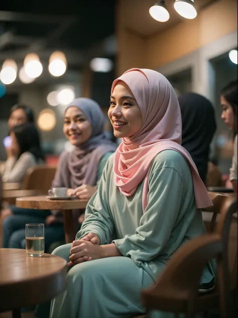 3 Malay girl with hijab seating in hipster cafe, happy, chatting, laughing, smiling, nighttime, wearing pastel color baju kurung and sneakers, soft professional lighting, blur background, cool ambient, cozy cafe, bokeh, high quality, ultra detail, detail s...