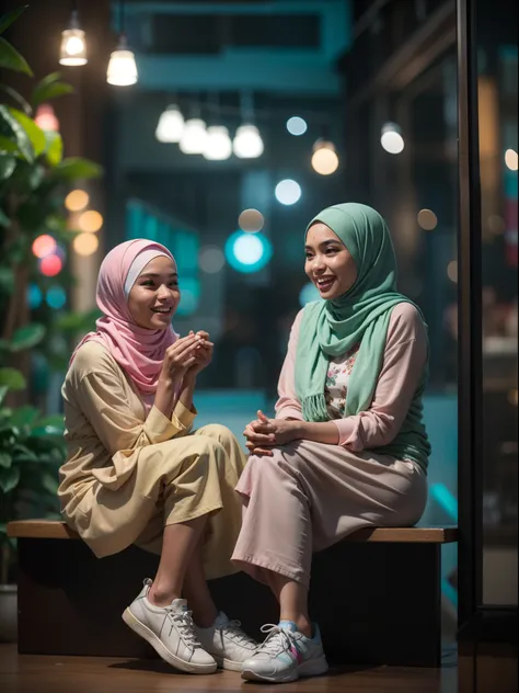 3 Malay girl with hijab seating in hipster cafe, happy, chatting, laughing, smiling, nighttime, wearing pastel color baju kurung and sneakers, soft professional lighting, blur background, cool ambient, cozy cafe, bokeh, high quality, ultra detail, detail s...